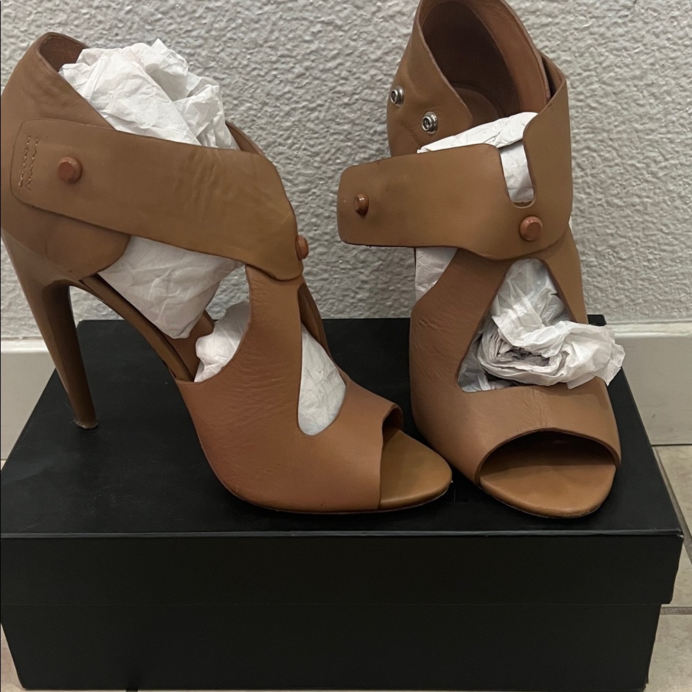 L.A.M.B. Cognac Strappy Open-Toe Stiletto Heels
